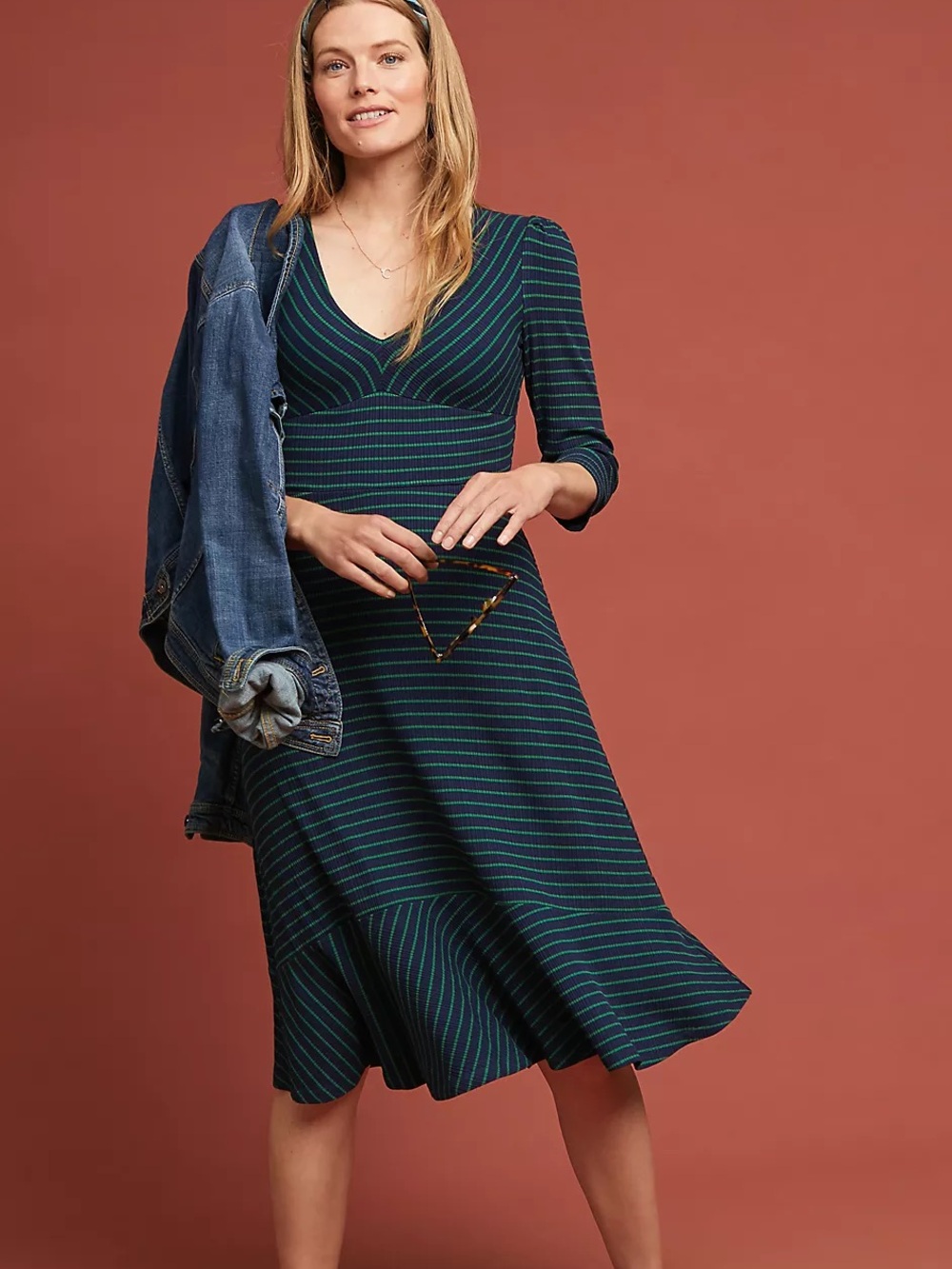 Anthropologie Maeve Flores Striped Midi Dress V-Neck - Size Large
